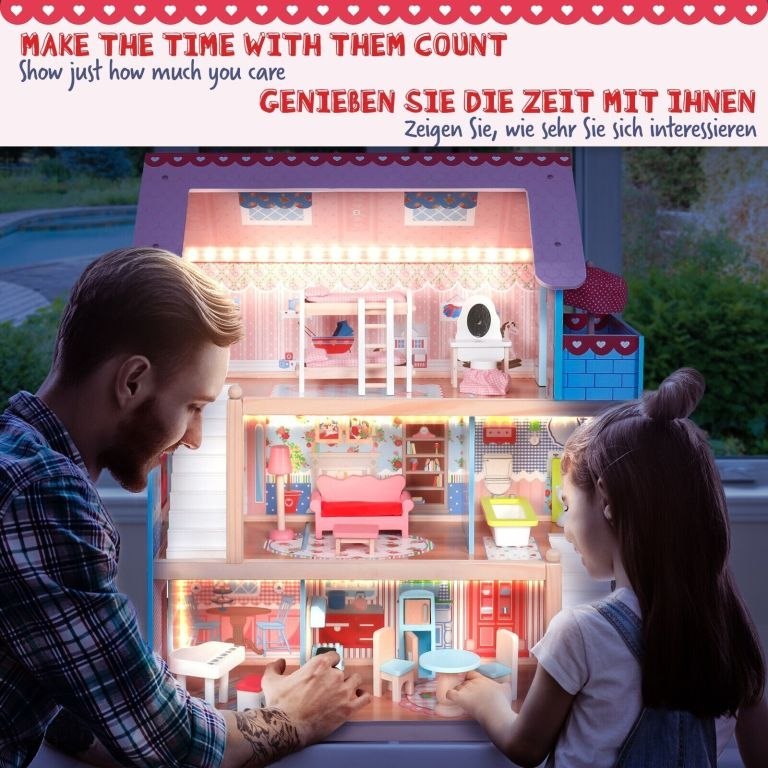 Drewniany domek dla lalek ze światłem LED, 60,5 x 71 x 32,5